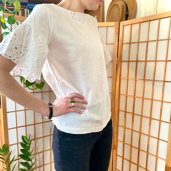 Linen Eyelet Broderie Flutter Sleeve Blouse - Picture 9 of 16